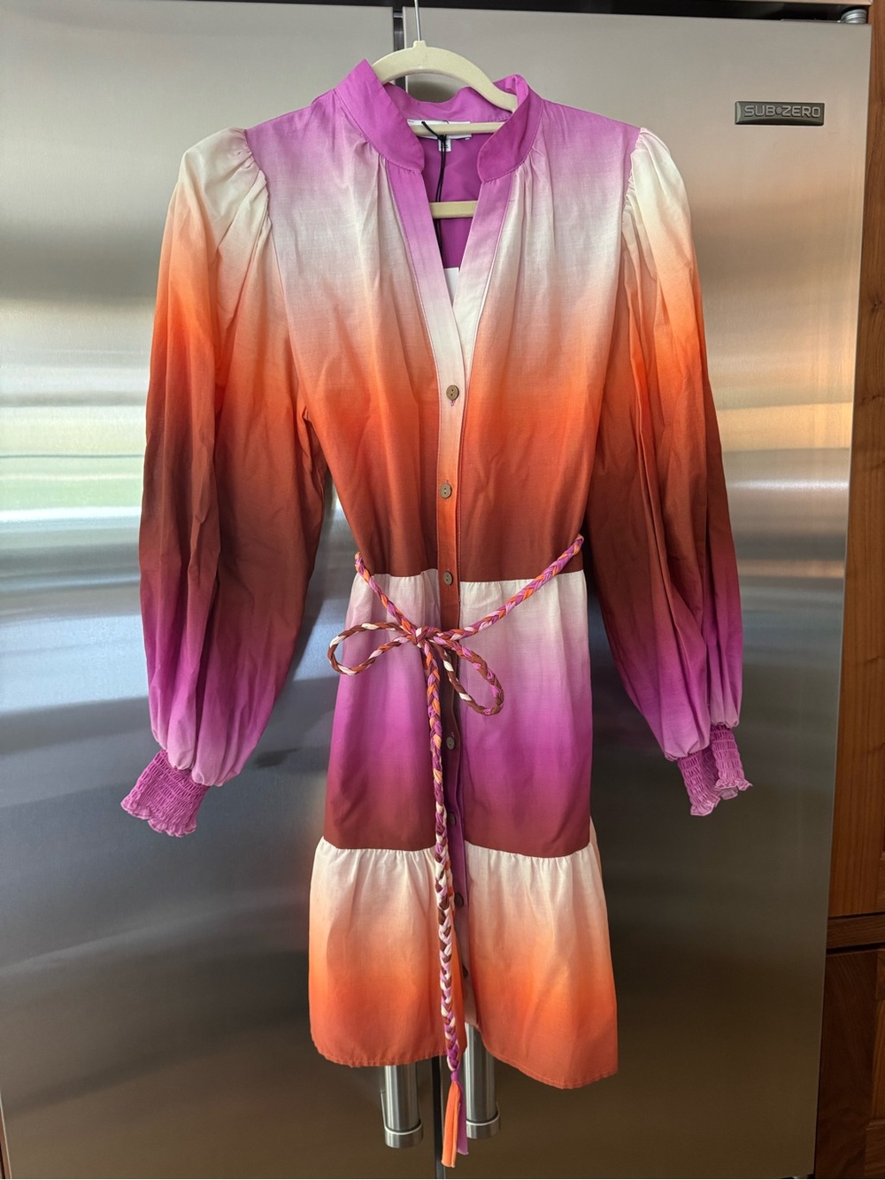 Ombre Pink-Orange Tiered Long-Sleeve Button Dress with Braided Belt